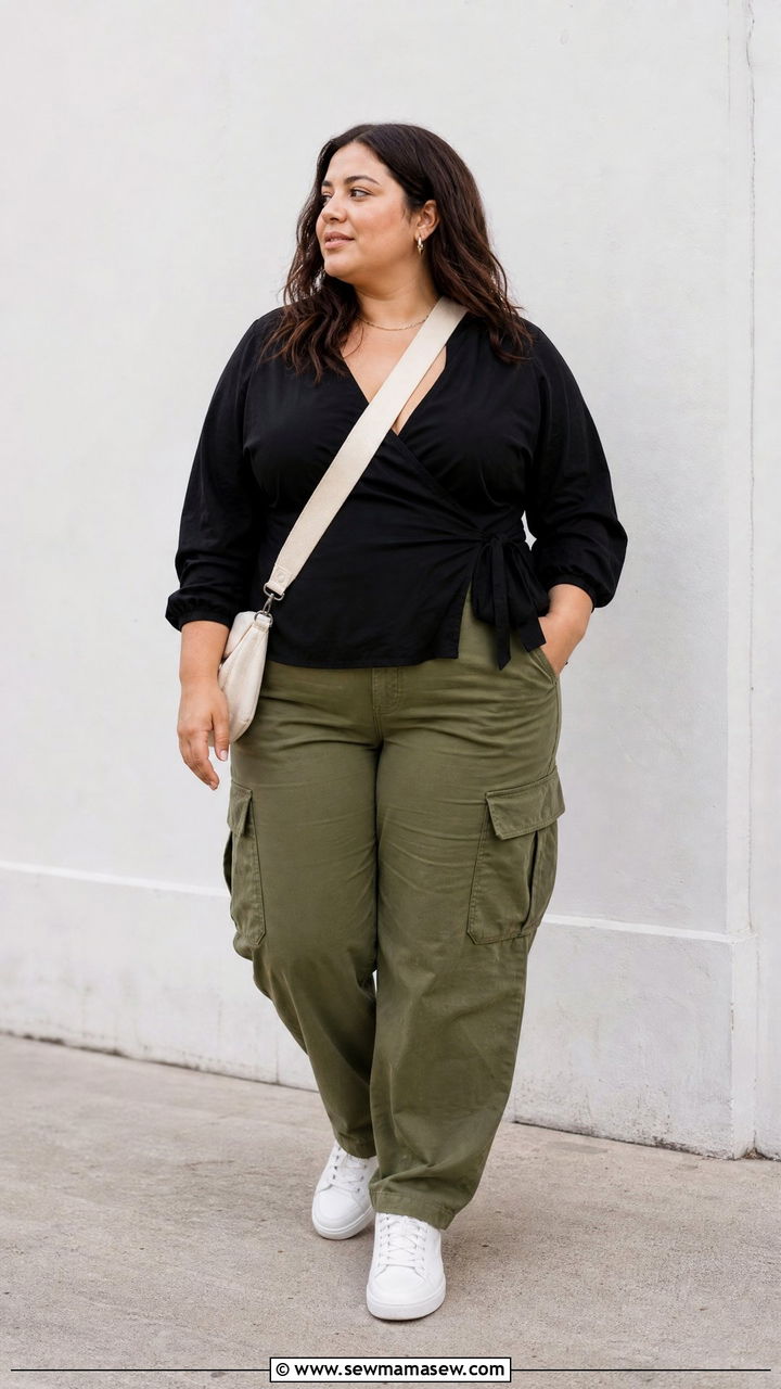 Plus Size Wrap Blouse With Cargo Pants - 20 plus size wrap blouse outfit ideas