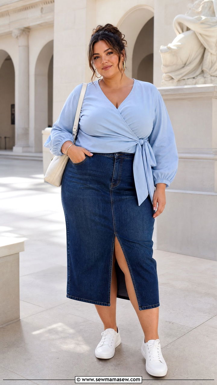 Plus Size Wrap Blouse With Denim Skirt - 20 plus size wrap blouse outfit ideas