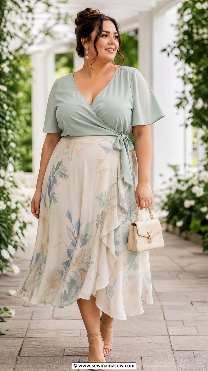 Plus Size Wrap Blouse With Midi Skirt - 20 plus size blouse outfit ideas