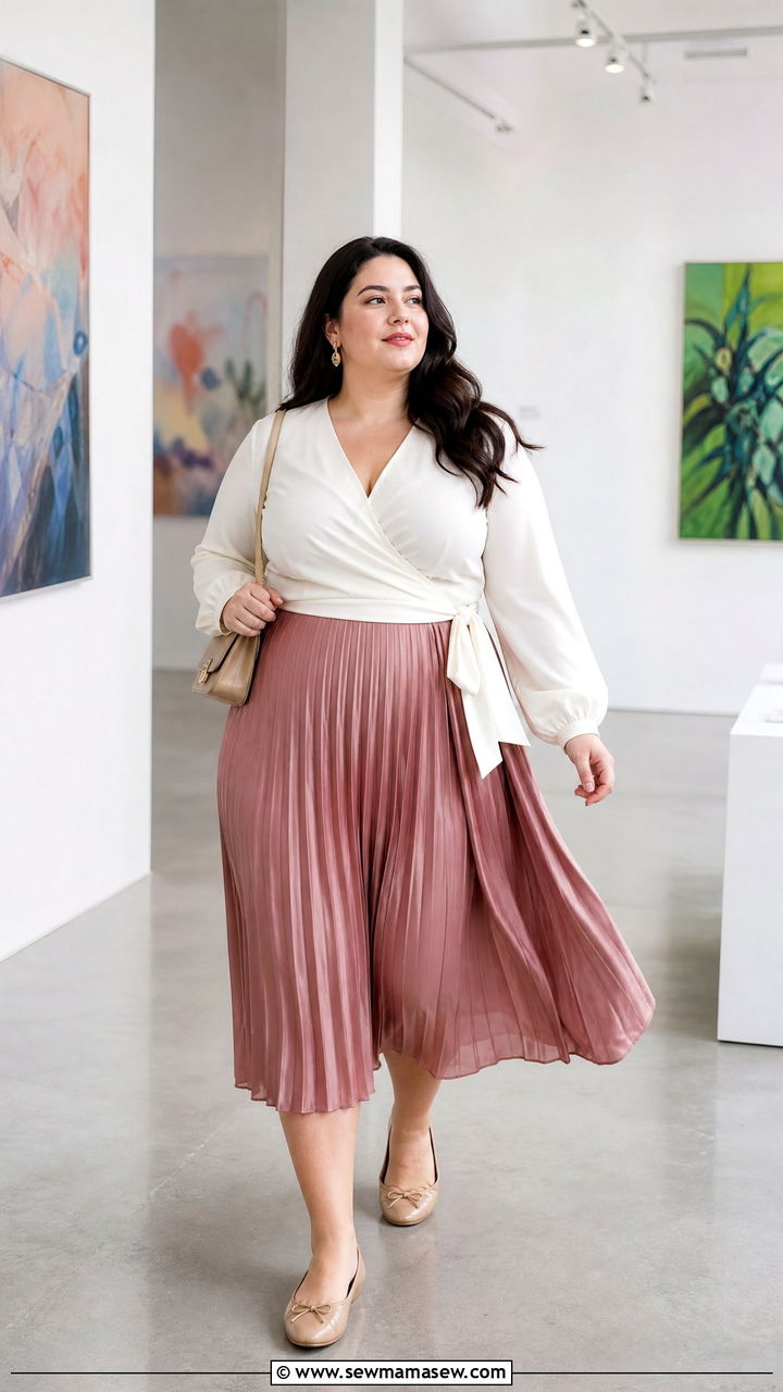 Plus Size Wrap Blouse With Pleated Skirt - 20 plus size wrap blouse outfit ideas