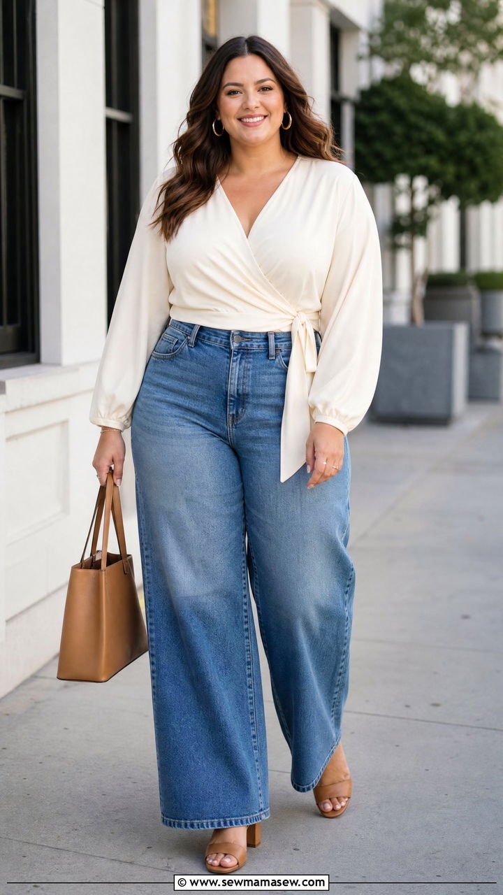 Plus Size Wrap Blouse With Wide Leg Jeans - 20 plus size wrap blouse outfit ideas