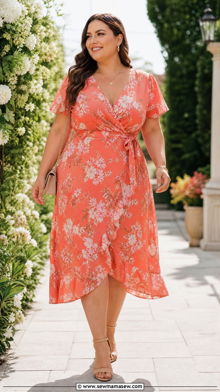 Plus Size Wrap Dress With Block Heel Sandals - 20 plus size summer outfit ideas with sandals
