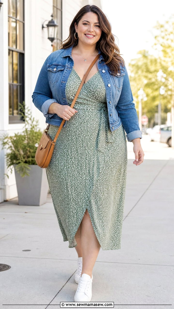 Plus Size Wrap Dress With Denim Jacket - 20 plus size wrap dress outfit ideas