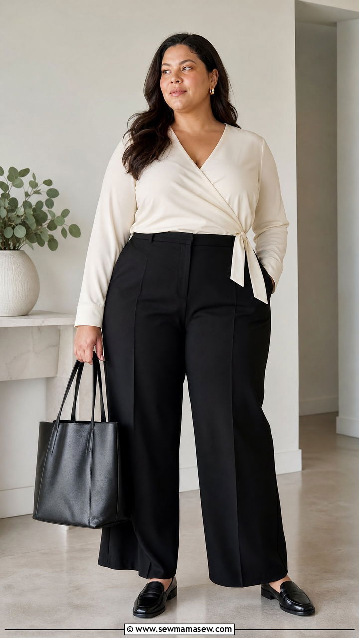 Plus Size Wrap Top With Black Trousers - 20 plus size wrap top outfit ideas