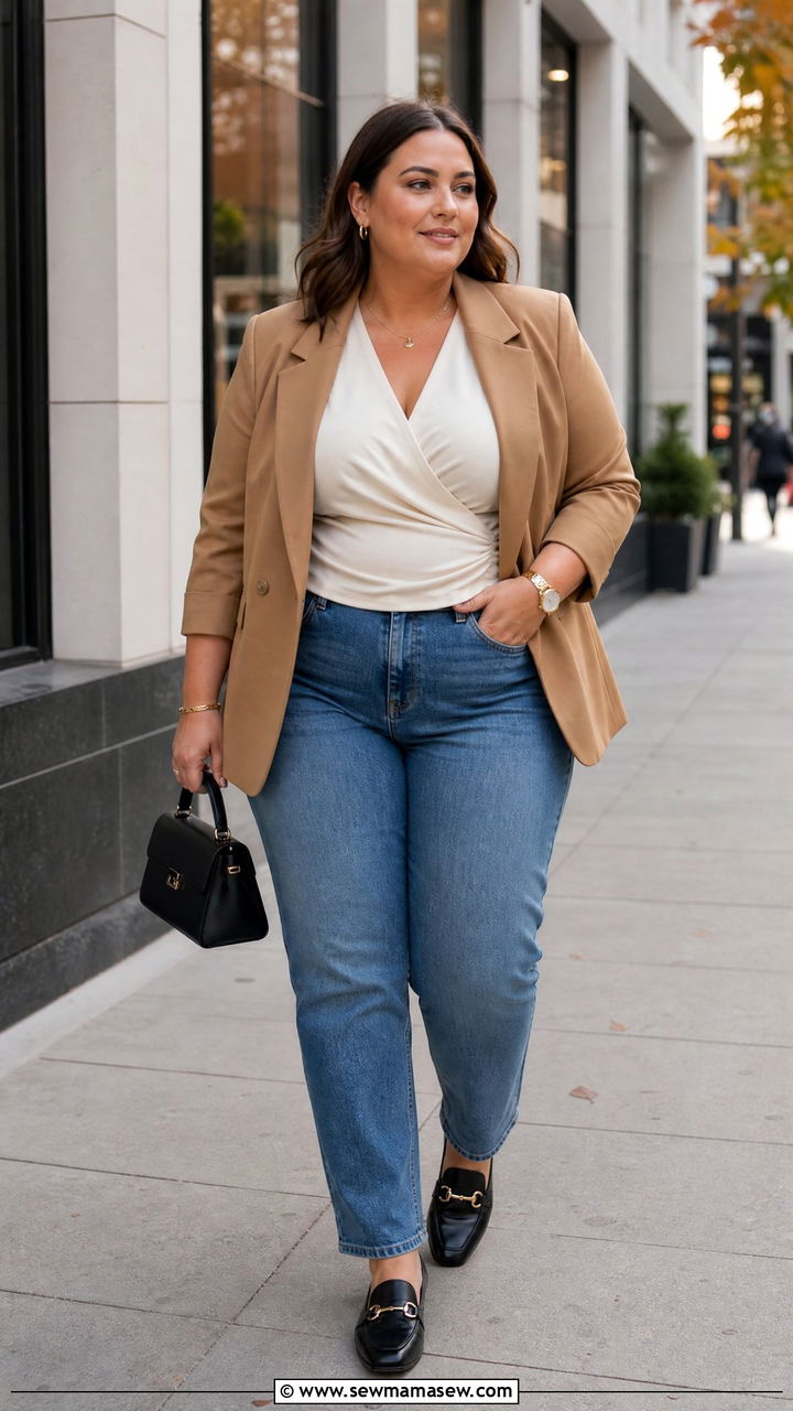 Plus Size Wrap Top With Blazer And Jeans - 20 plus size wrap top outfit ideas