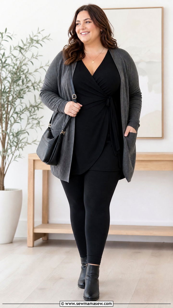 Plus Size Wrap Top With Cardigan And Leggings - 20 plus size wrap top outfit ideas