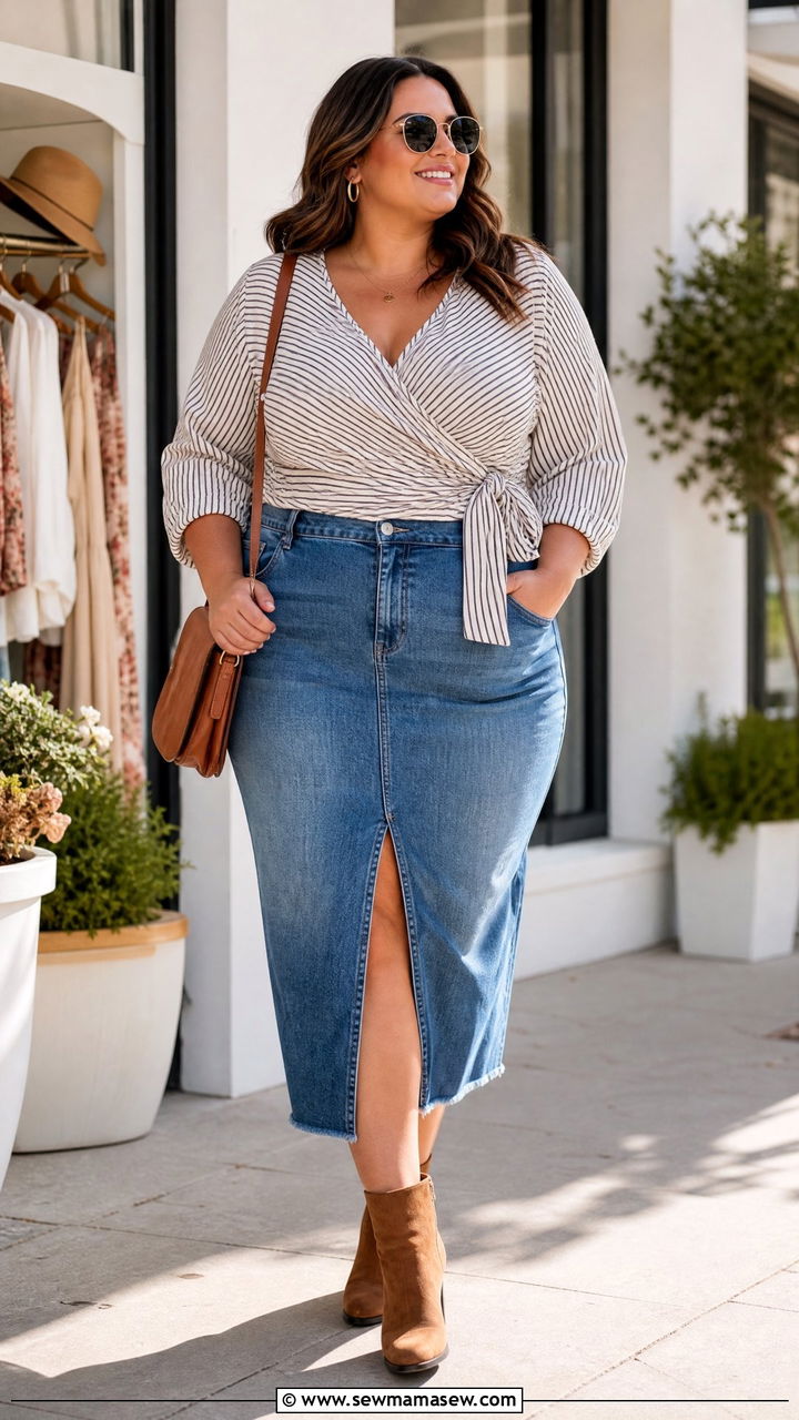 Plus Size Wrap Top With Denim Skirt - 20 plus size wrap top outfit ideas