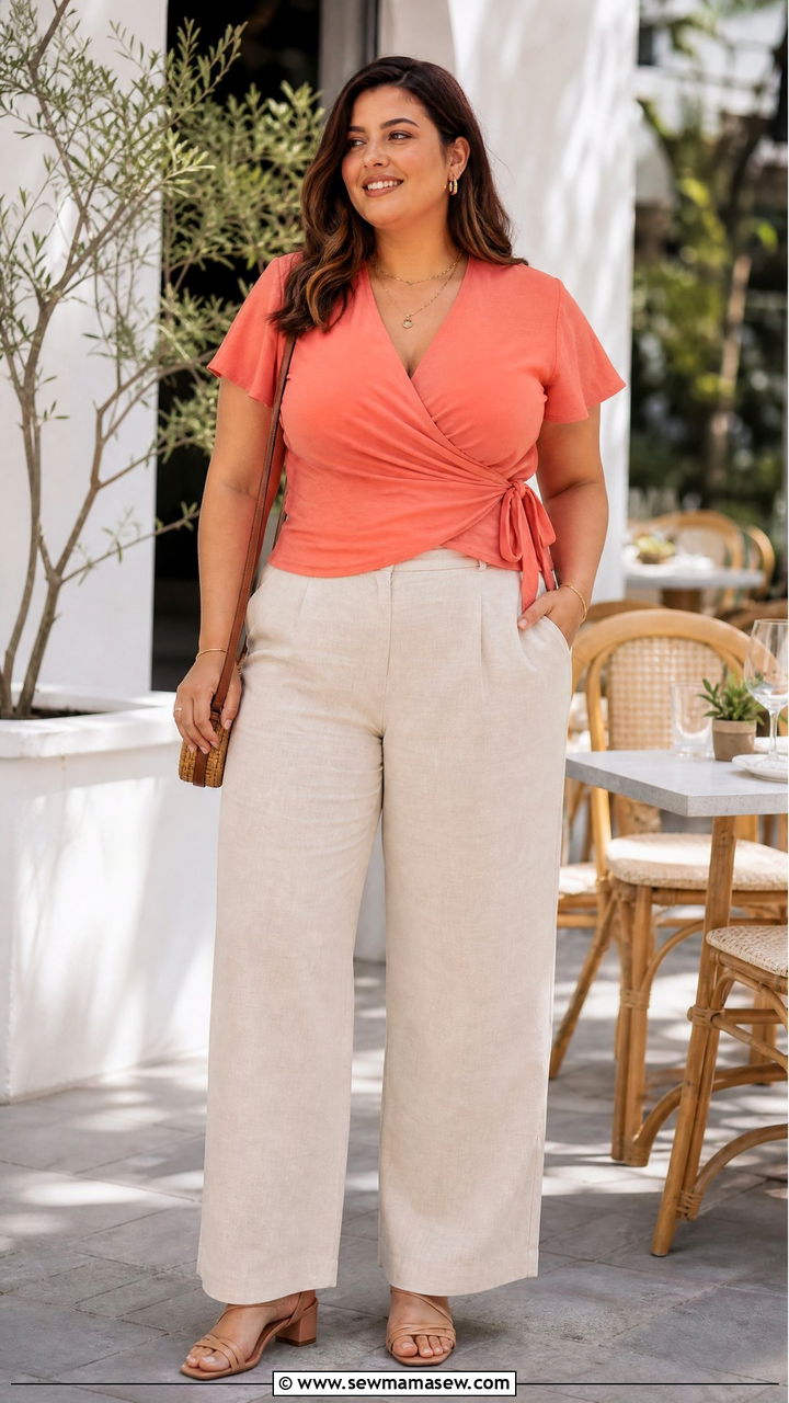 Plus Size Wrap Top With Linen Trousers Outfit - 20 plus size cute summer tops outfit ideas