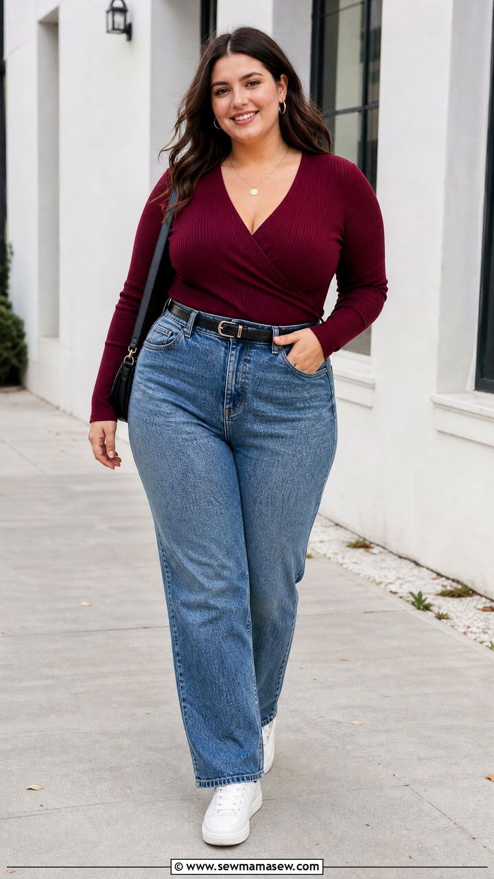 Plus Size Wrap Top With Straight Leg Jeans - 20 plus size wrap top outfit ideas