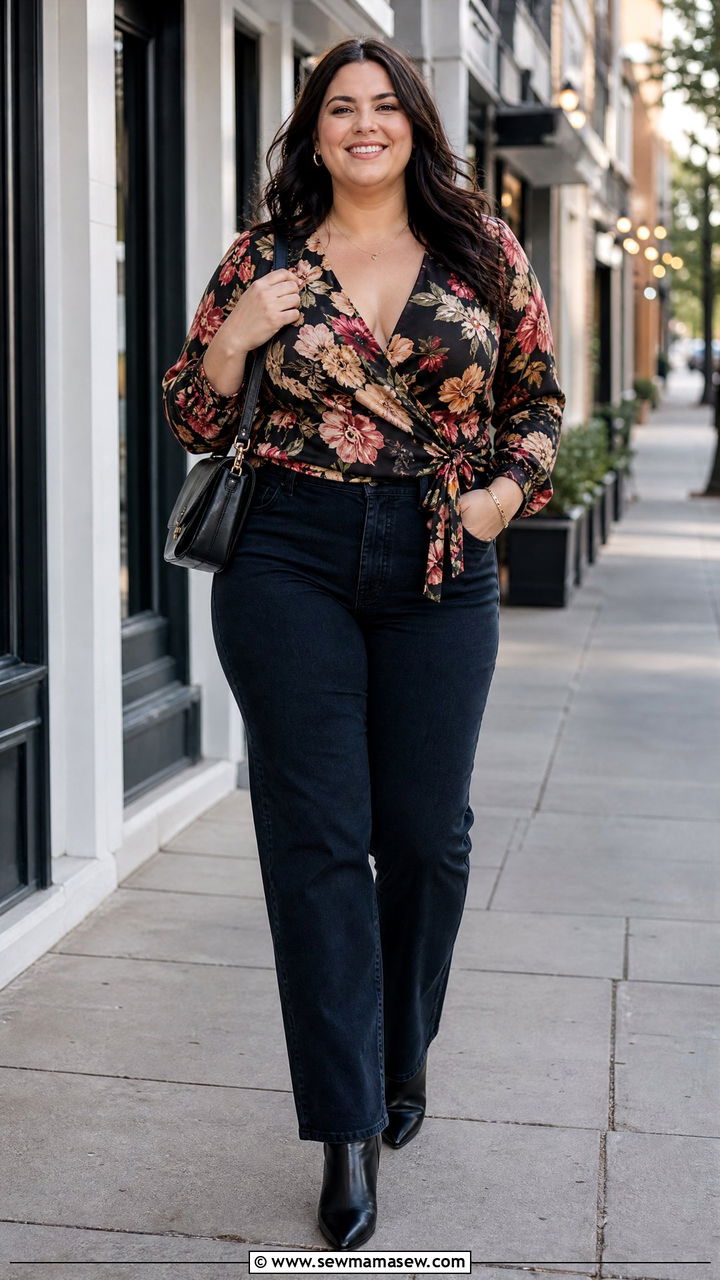 Plus Size Wrap Top With Straight Leg Jeans - 20 plus size date night top outfit ideas