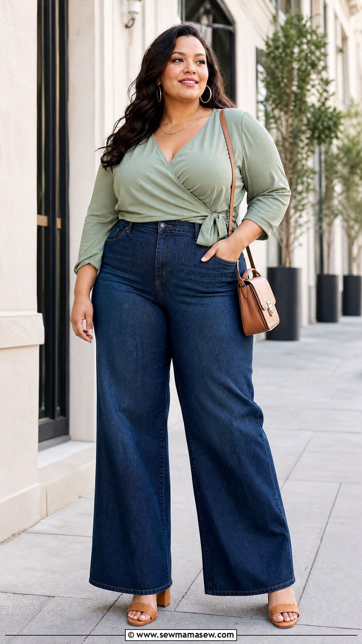 Plus Size Wrap Top With Wide Leg Jeans - 20 plus size wrap top outfit ideas