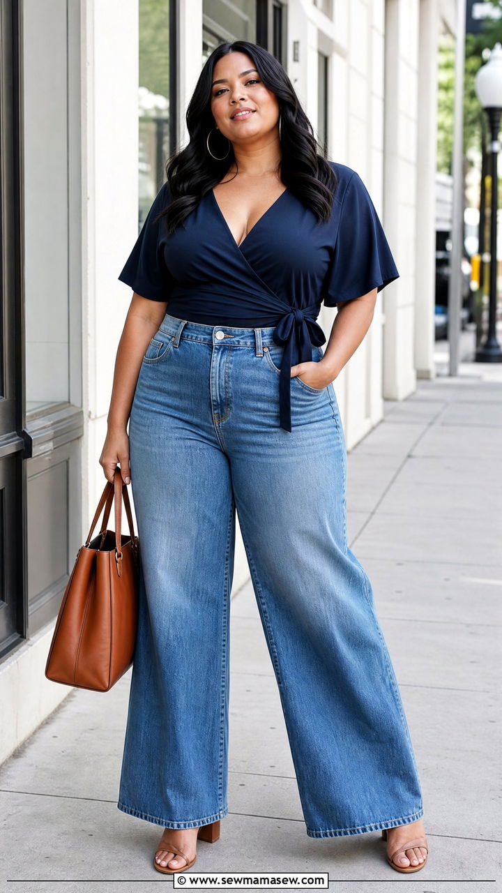 Plus Size Wrap Top With Wide Leg Jeans - 20 plus size tops for big bust outfit ideas