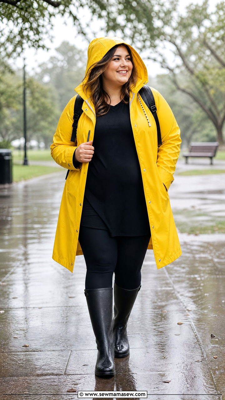 Plus Size Yellow Raincoat With Black Leggings - 20 plus size raincoat outfit ideas