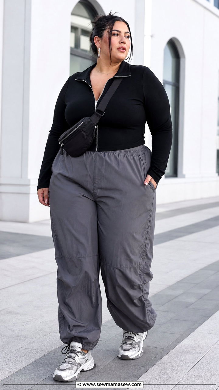 Plus Size Zip Front Top With Parachute Pants - 20 plus size edgy top outfit ideas