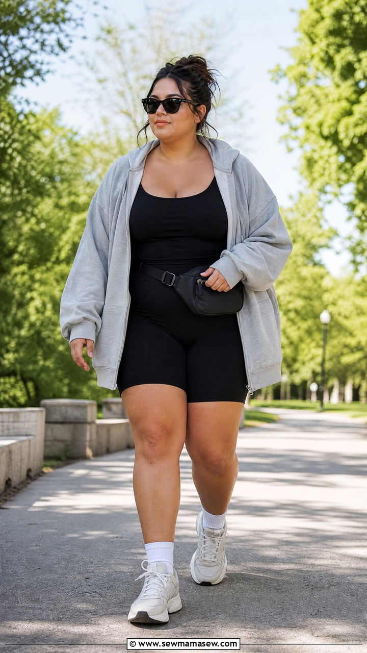 Plus Size Zip Up Hoodie With Bike Shorts - 20 plus size off duty top outfit ideas