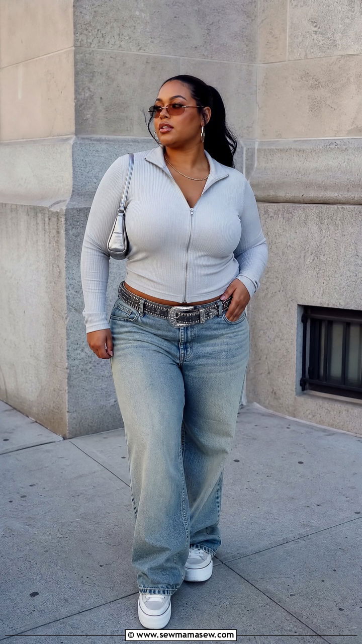 Plus Size Zip Up Top And Low Rise Look Jeans Outfit - 20 plus size y2k top outfit ideas