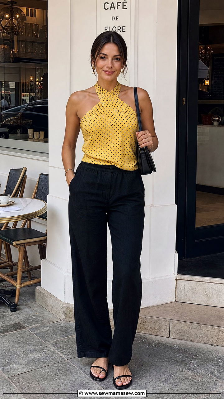 Polka Dot Halter Top With Black Pants - 20 halter top outfit ideas for summer