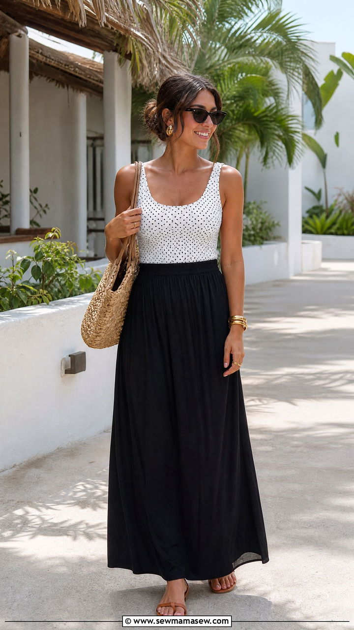 Polka Dot Top With A Maxi Skirt - 20 polka dot top outfit ideas