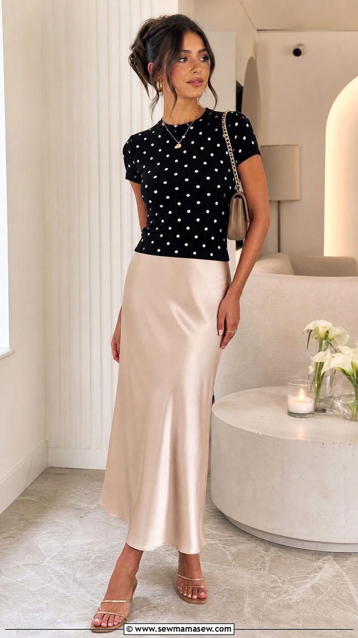 Polka Dot Top With A Slip Skirt - 20 polka dot top outfit ideas