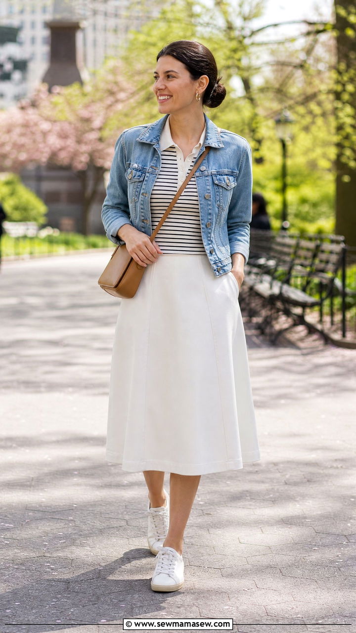 Polo Top With A Denim Jacket And Skirt - 20 polo top outfit ideas