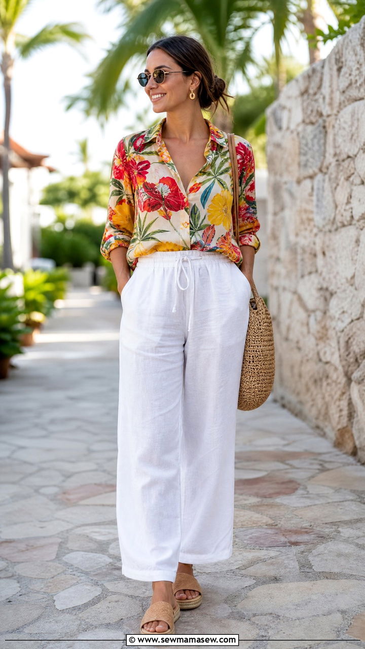 Printed Blouse Vacation Outfit - 20 vacation top outfit ideas