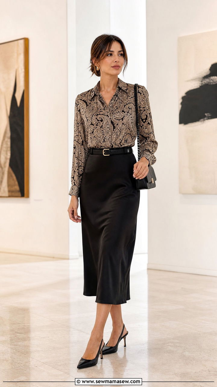 Printed Blouse With Black Midi Skirt - 20 printed blouse outfit ideas