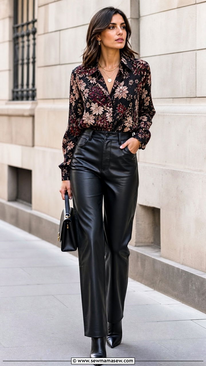 Printed Blouse With Leather Pants - 20 printed blouse outfit ideas