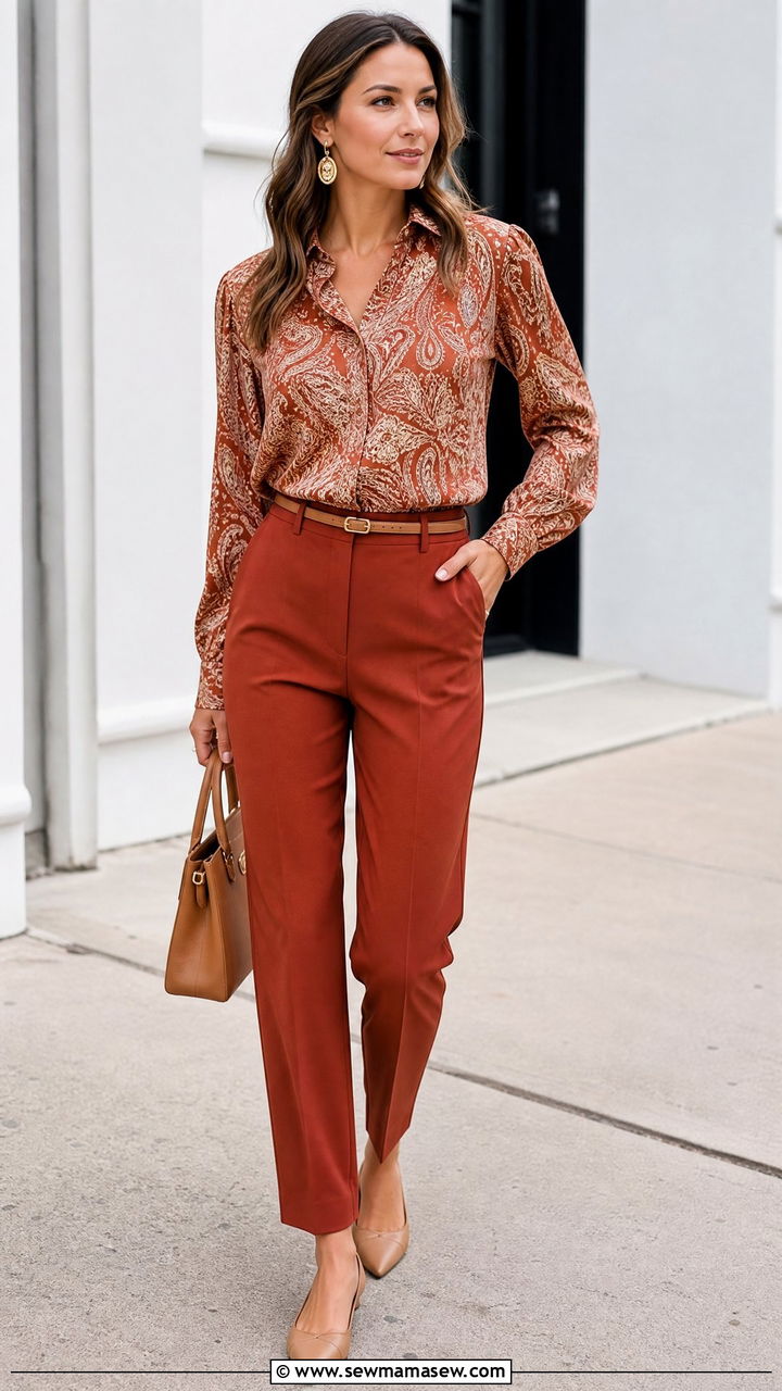 Printed Blouse With Matching Color Pants - 20 printed blouse outfit ideas