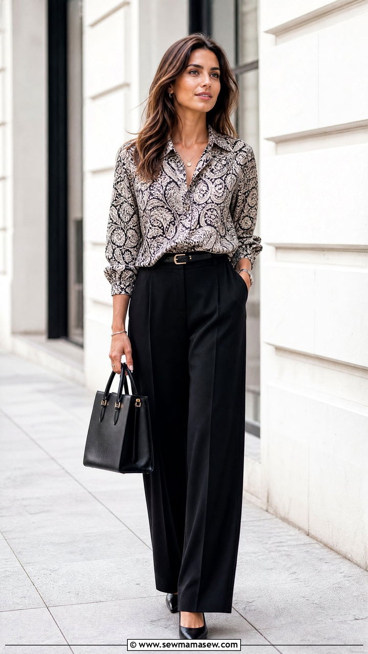 Printed Blouse With Monochrome Outfit - 20 printed blouse outfit ideas