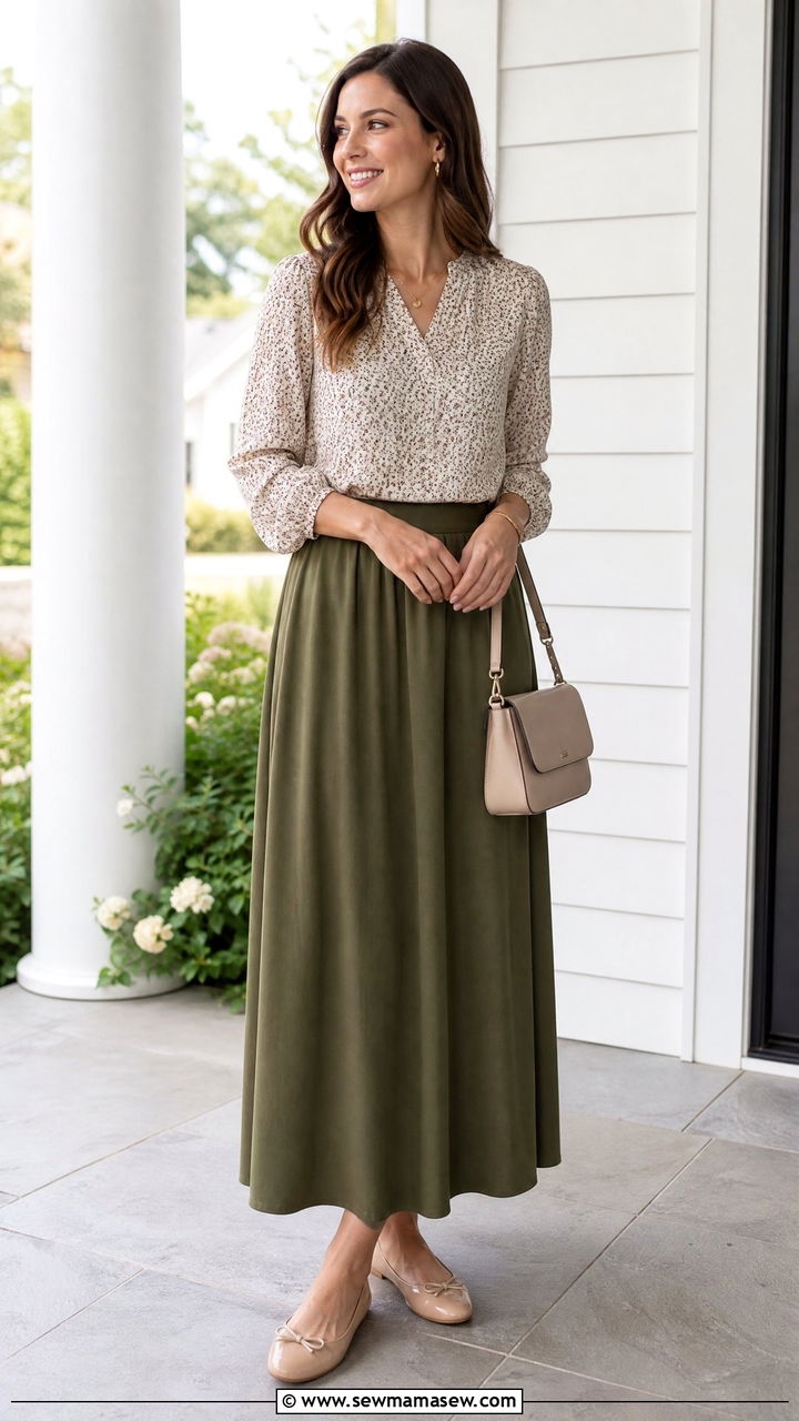 Printed Blouse With Solid Maxi Skirt Outfit - 20 church tops outfit ideas