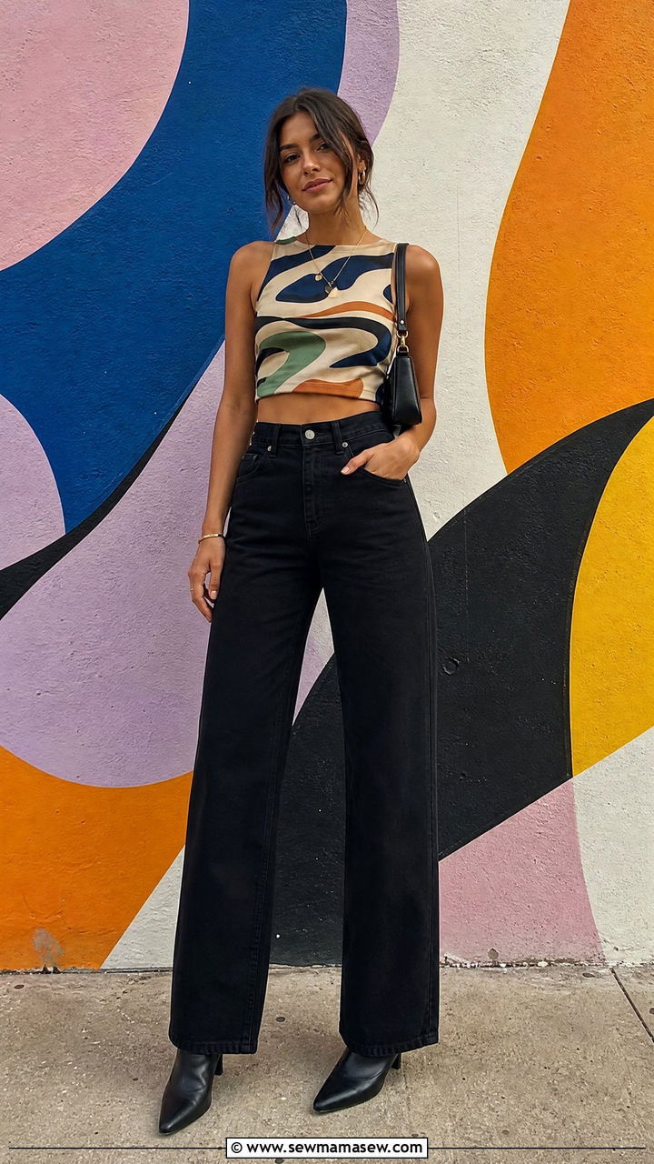 Printed Crop Top And Black Jeans Outfit - 20 crop top outfits for party