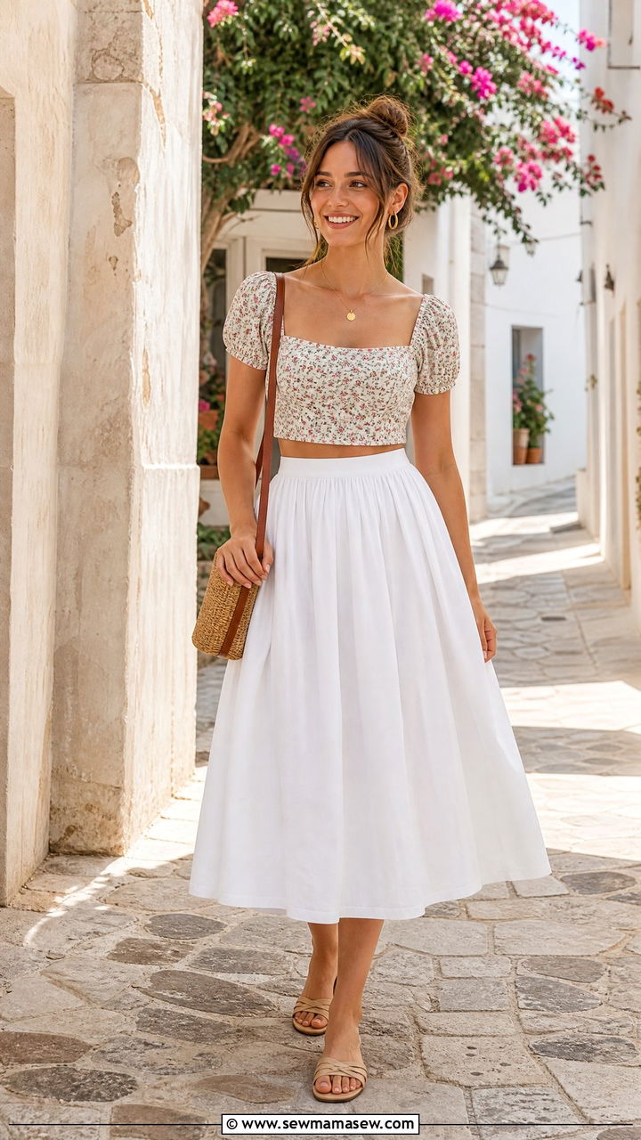 Printed Crop Top With White Midi Skirt - 20 summer crop top outfit ideas for women over 40