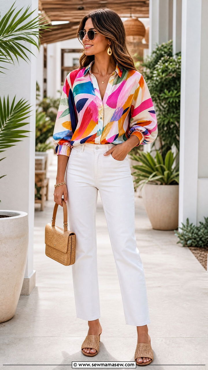 Printed Statement Top With White Jeans Outfit - 20 statement top outfit ideas