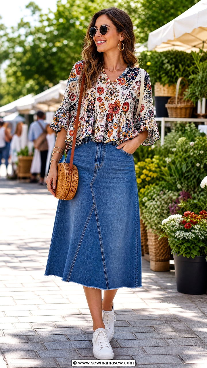 Printed Swing Top With Denim Skirt - 20 swing top outfit ideas