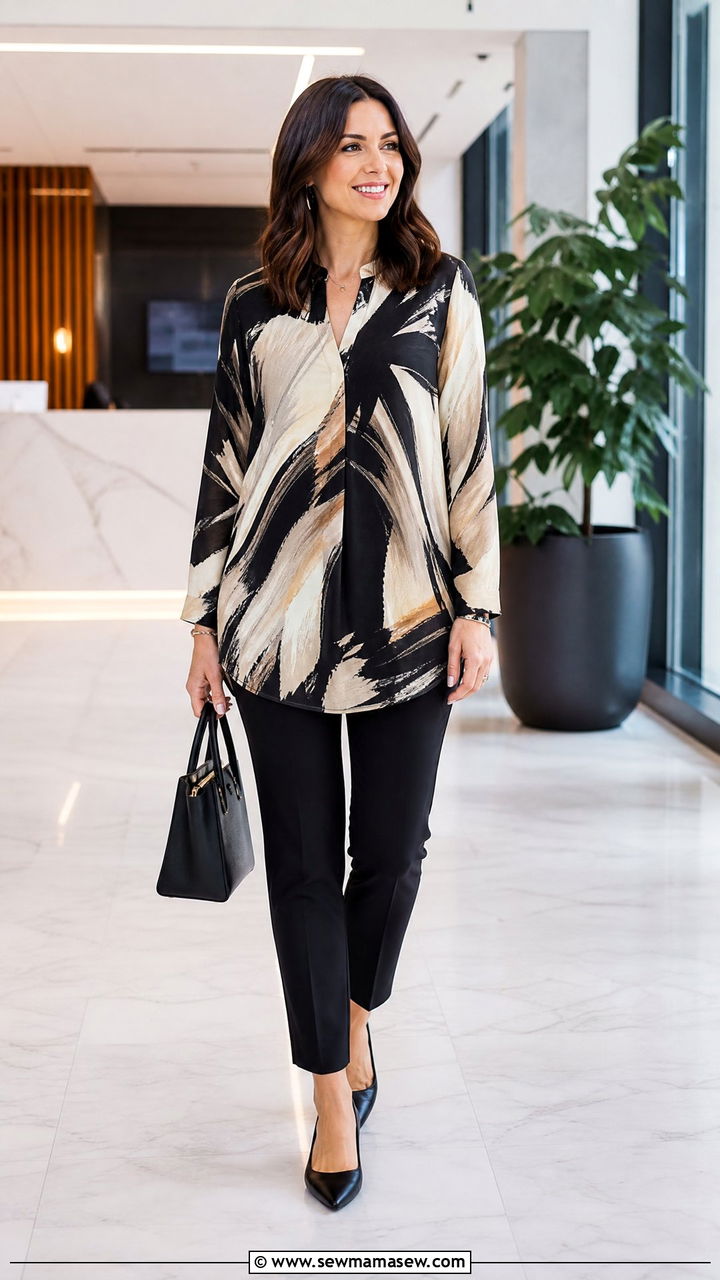 Printed Tunic Top With Slim Black Pants - 20 tunic top outfit ideas