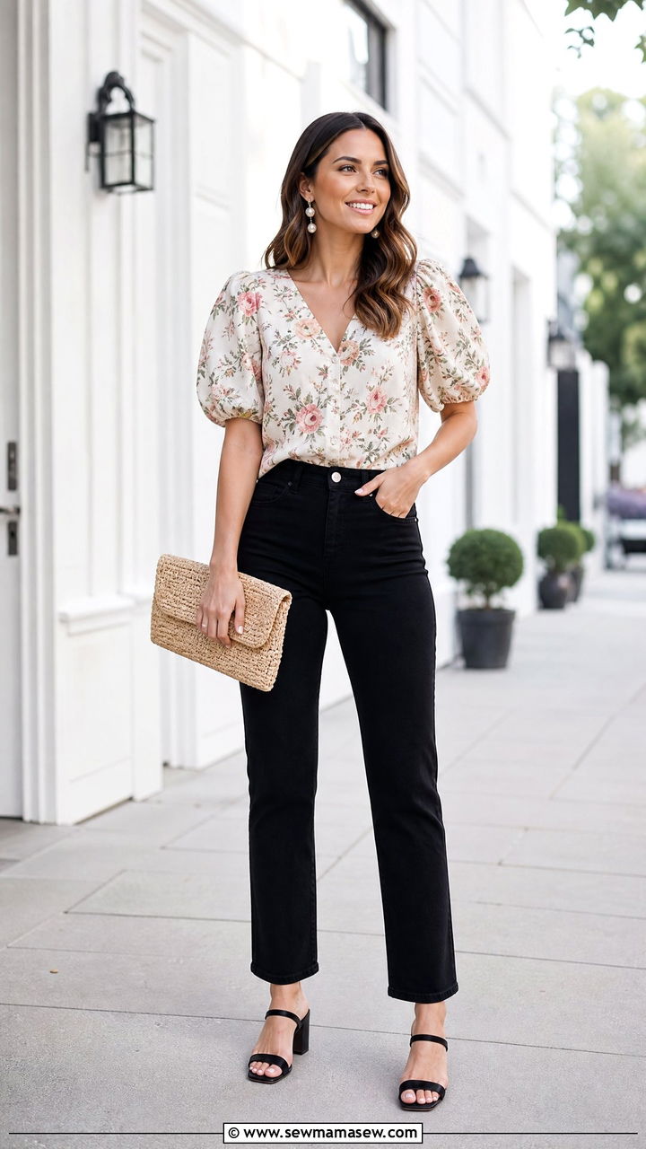 Puff Sleeve Blouse Date Night Top Outfit With Black Jeans - 20 date night top outfit ideas