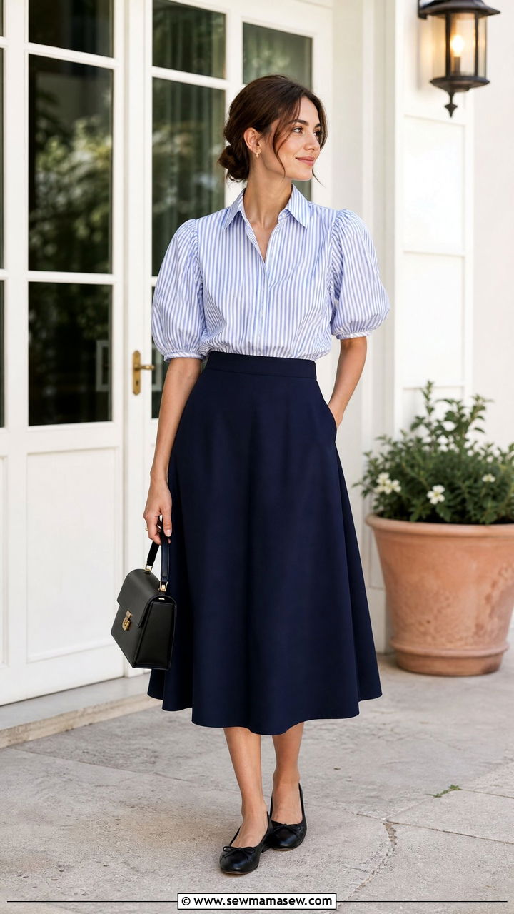Puff Sleeve Blouse With A Line Skirt - 20 puff sleeve blouse outfit ideas