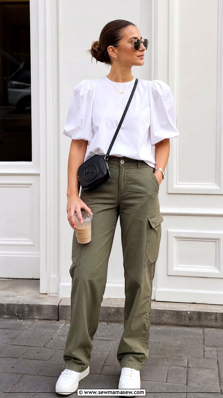 Puff Sleeve Blouse With Cargo Pants - 20 puff sleeve blouse outfit ideas