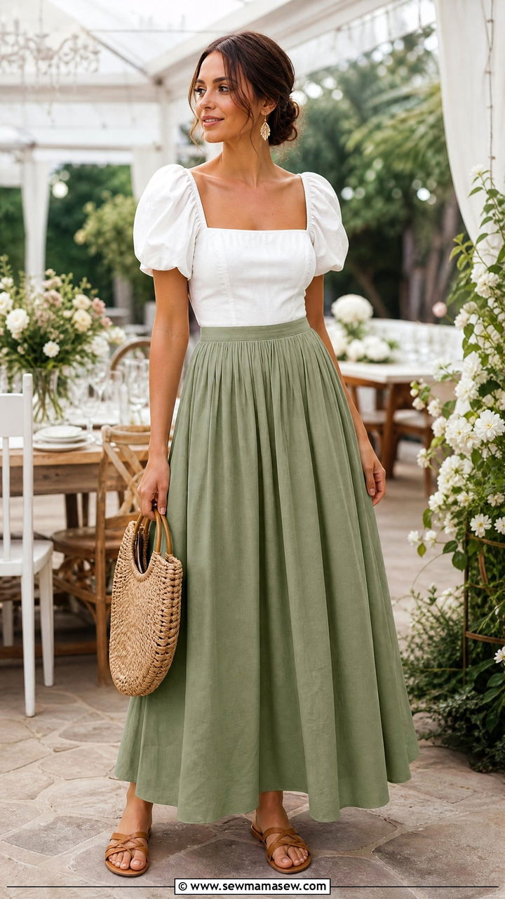 Puff Sleeve Blouse With Maxi Skirt - 20 puff sleeve blouse outfit ideas