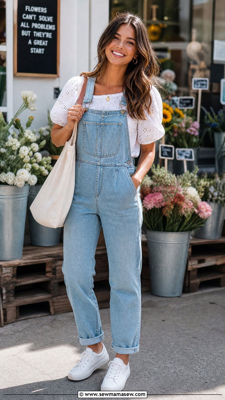 Puff Sleeve Blouse With Overalls - 20 puff sleeve blouse outfit ideas