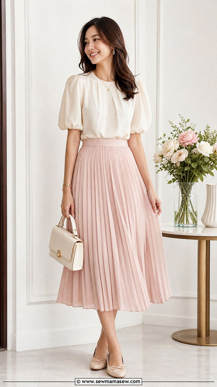 Puff Sleeve Blouse With Pleated Skirt - 20 puff sleeve blouse outfit ideas