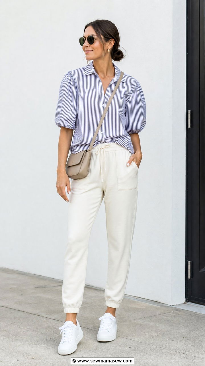 Puff Sleeve Blouse With Relaxed Joggers - 20 puff sleeve blouse outfit ideas