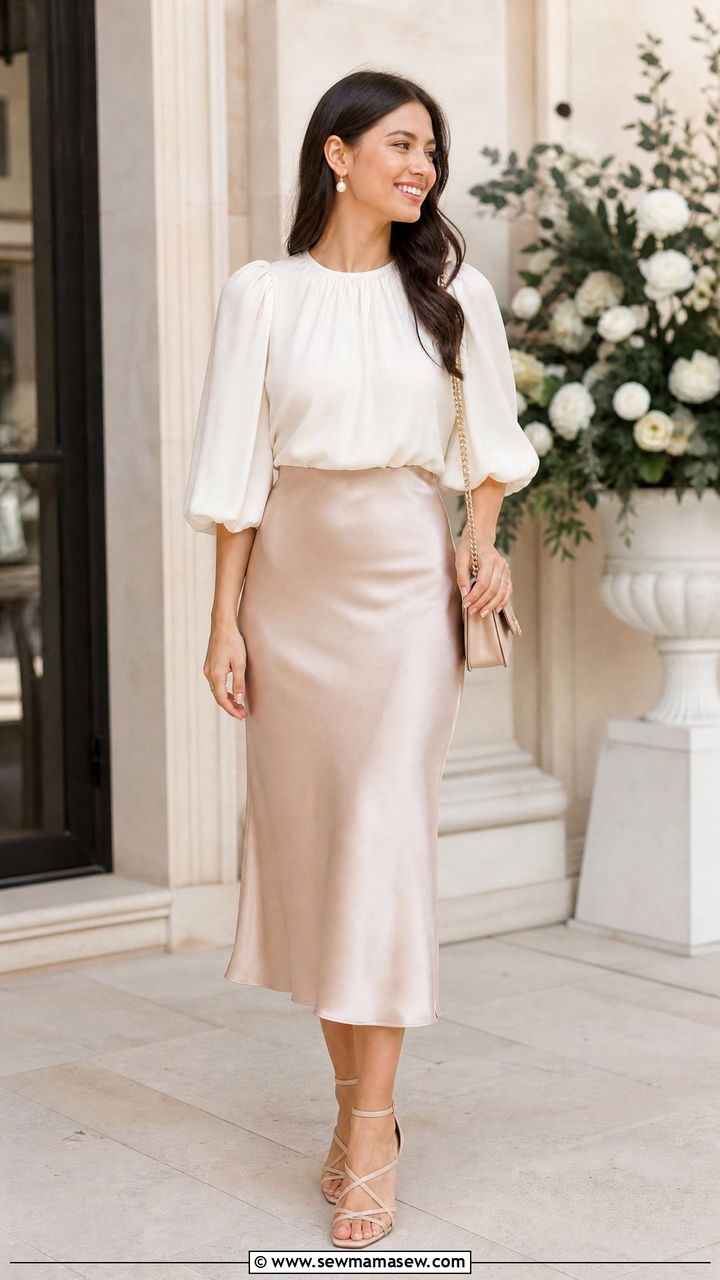 Puff Sleeve Blouse With Slip Skirt - 20 puff sleeve blouse outfit ideas