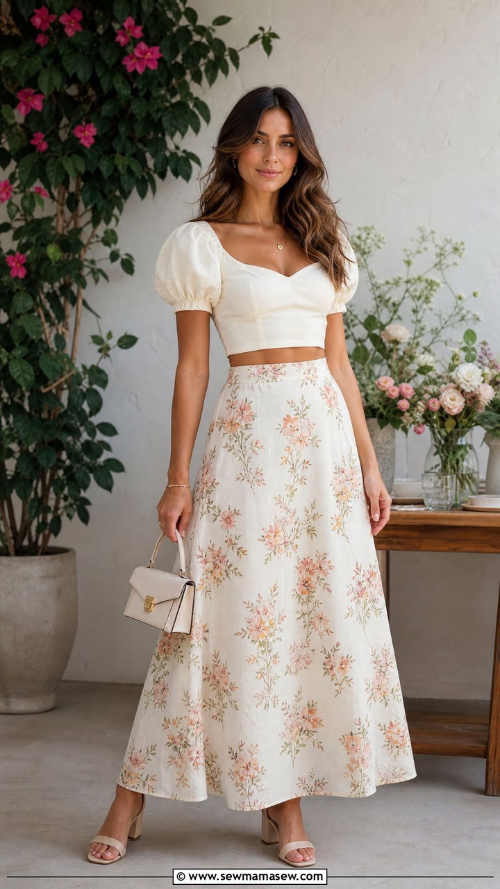 Puff Sleeve Crop Top With Floral Maxi Skirt Outfit - 20 crop top with floral maxi skirt outfit ideas