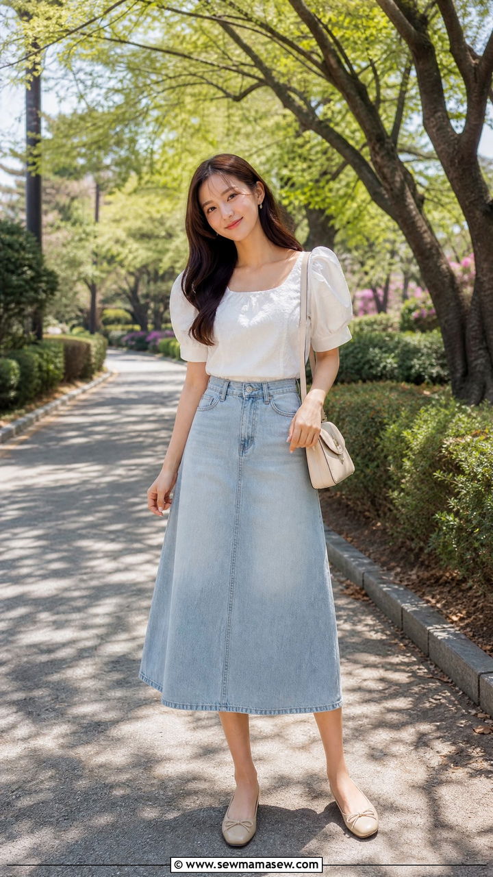 Puff Sleeve Top With A Line Skirt - 20 flattering tops outfit ideas