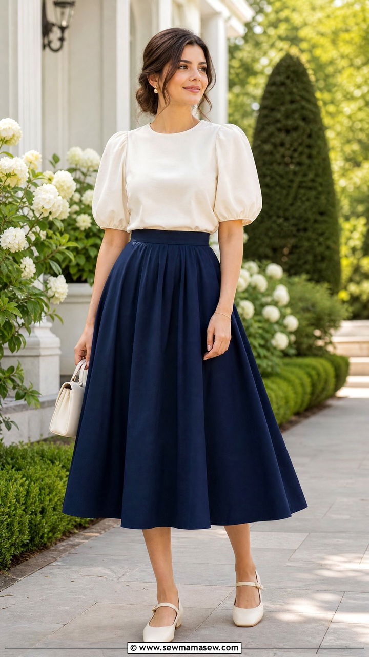 Puff Sleeve Top With Full Skirt Outfit - 20 church tops outfit ideas