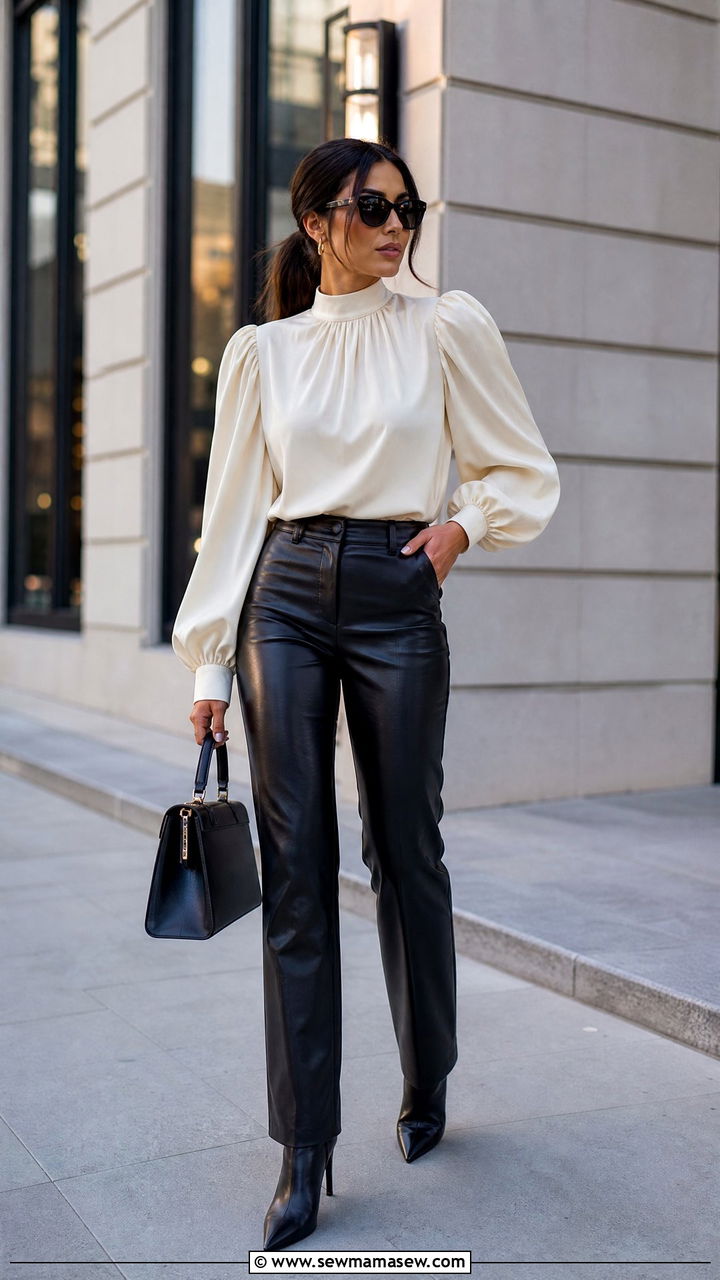 Puff Sleeve Top With Leather Pants - 20 puff sleeve top outfit ideas