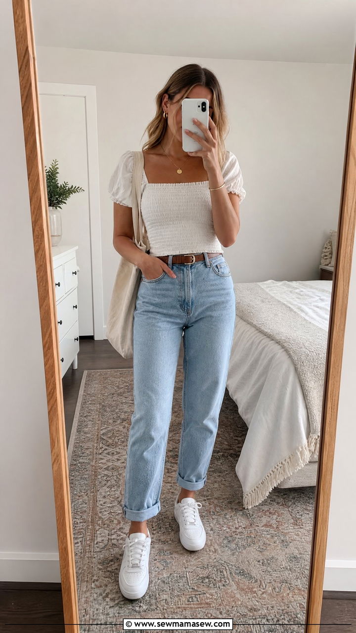Puff Sleeve Top With Mom Jeans - 20 puff sleeve top outfit ideas