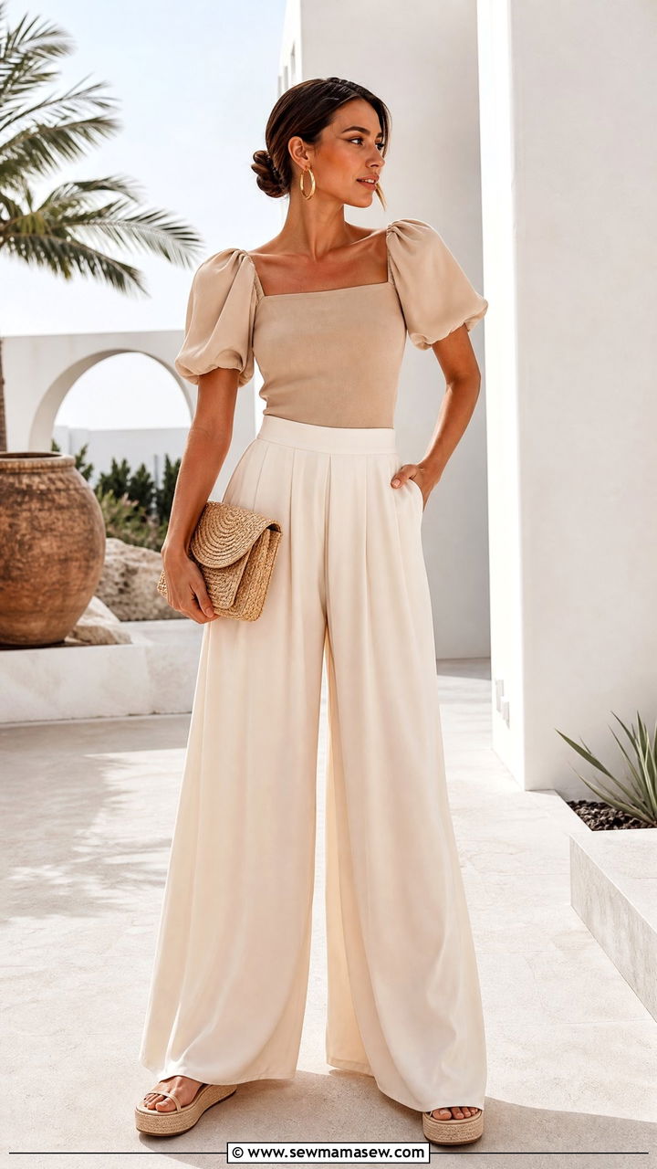 Puff Sleeve Top With Palazzo Pants - 20 puff sleeve top outfit ideas