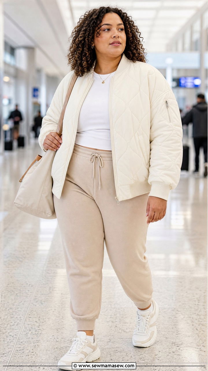 Quilted Bomber Jacket With Joggers - 20 plus size bomber jacket outfit ideas